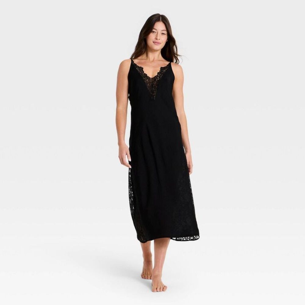 Women's Lace Trim Satin Chemise - Auden Black M